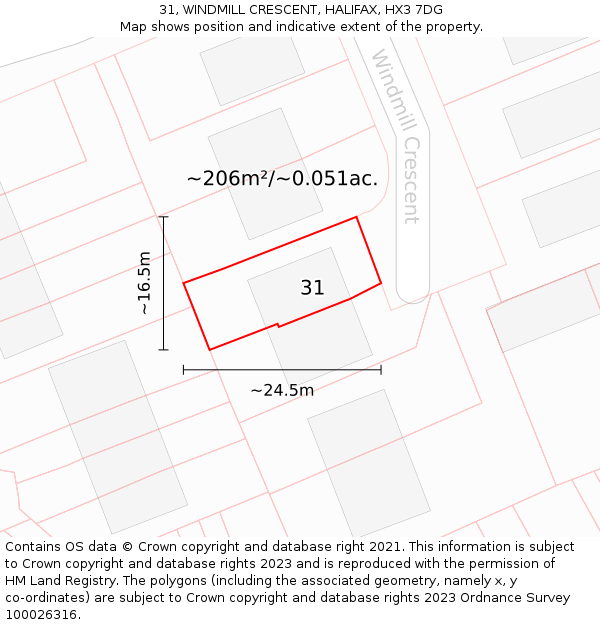 31, WINDMILL CRESCENT, HALIFAX, HX3 7DG: Plot and title map