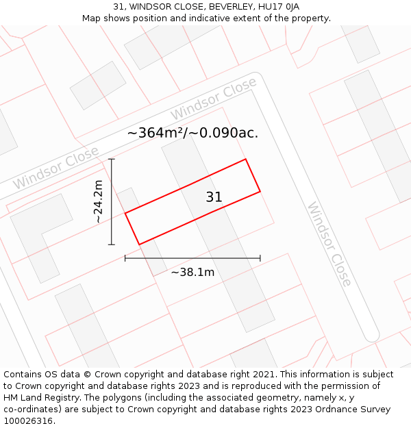31, WINDSOR CLOSE, BEVERLEY, HU17 0JA: Plot and title map