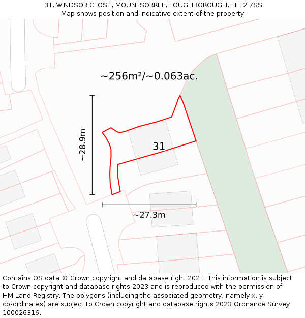 31, WINDSOR CLOSE, MOUNTSORREL, LOUGHBOROUGH, LE12 7SS: Plot and title map