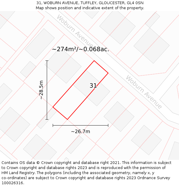 31, WOBURN AVENUE, TUFFLEY, GLOUCESTER, GL4 0SN: Plot and title map