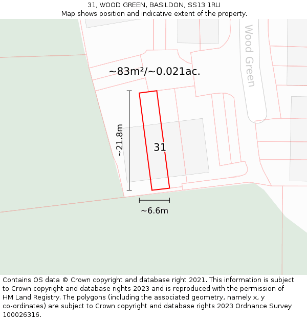 31, WOOD GREEN, BASILDON, SS13 1RU: Plot and title map