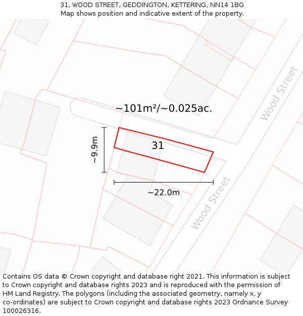 31, WOOD STREET, GEDDINGTON, KETTERING, NN14 1BG: Plot and title map