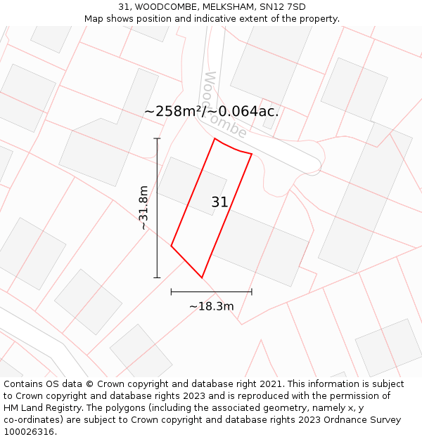 31, WOODCOMBE, MELKSHAM, SN12 7SD: Plot and title map