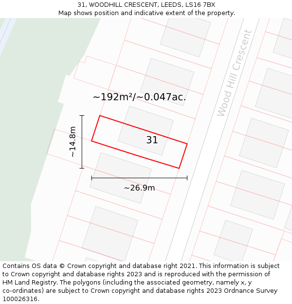 31, WOODHILL CRESCENT, LEEDS, LS16 7BX: Plot and title map