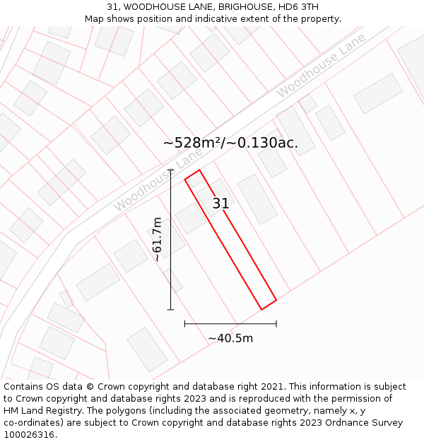 31, WOODHOUSE LANE, BRIGHOUSE, HD6 3TH: Plot and title map
