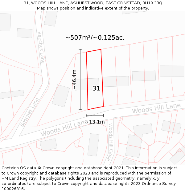 31, WOODS HILL LANE, ASHURST WOOD, EAST GRINSTEAD, RH19 3RQ: Plot and title map