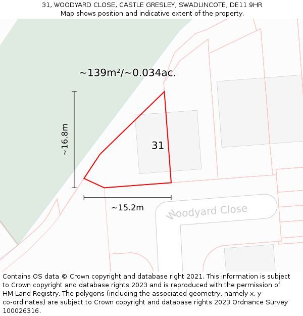 31, WOODYARD CLOSE, CASTLE GRESLEY, SWADLINCOTE, DE11 9HR: Plot and title map