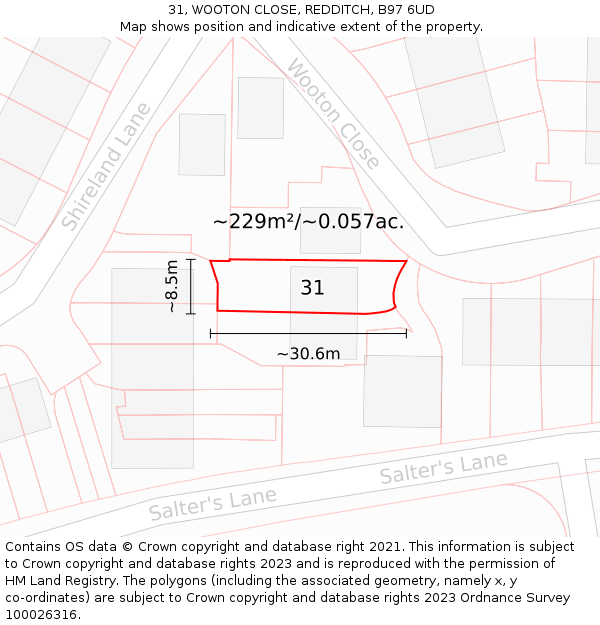 31, WOOTON CLOSE, REDDITCH, B97 6UD: Plot and title map