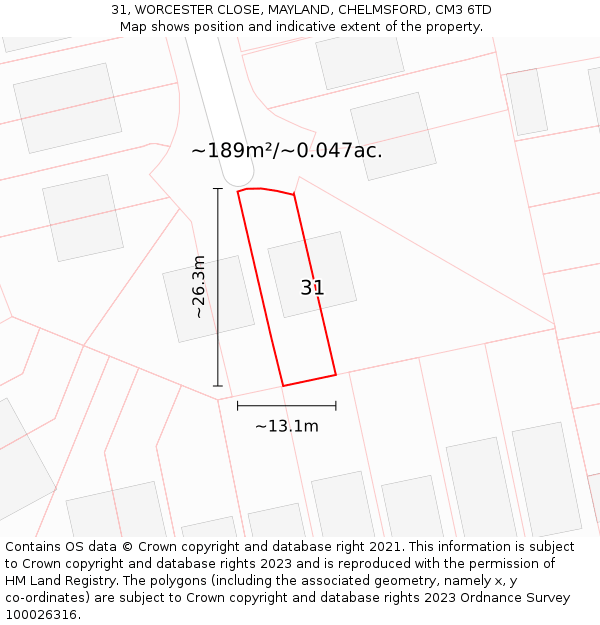 31, WORCESTER CLOSE, MAYLAND, CHELMSFORD, CM3 6TD: Plot and title map