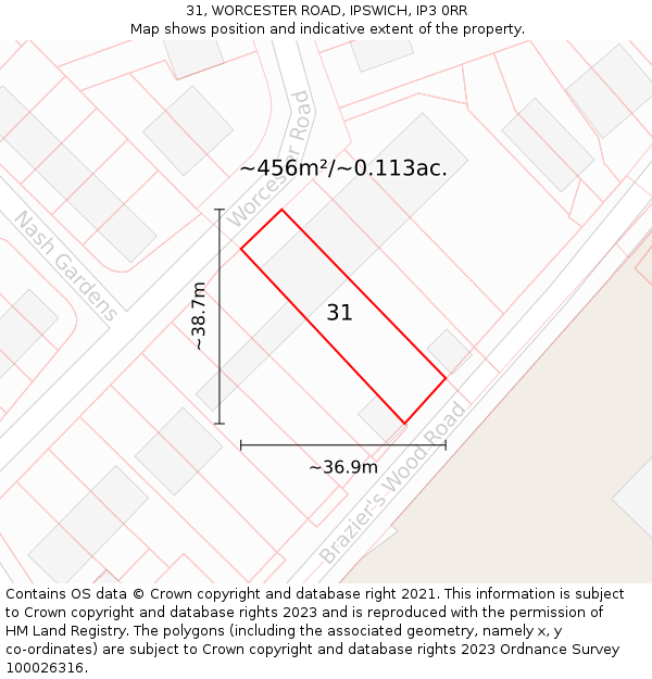 31, WORCESTER ROAD, IPSWICH, IP3 0RR: Plot and title map