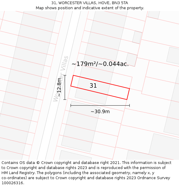 31, WORCESTER VILLAS, HOVE, BN3 5TA: Plot and title map