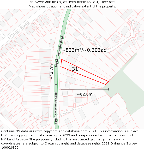 31, WYCOMBE ROAD, PRINCES RISBOROUGH, HP27 0EE: Plot and title map