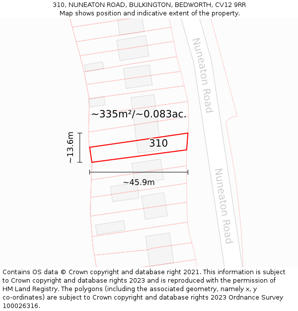 310, NUNEATON ROAD, BULKINGTON, BEDWORTH, CV12 9RR: Plot and title map
