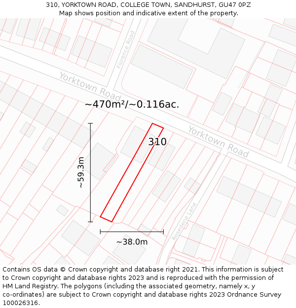 310, YORKTOWN ROAD, COLLEGE TOWN, SANDHURST, GU47 0PZ: Plot and title map