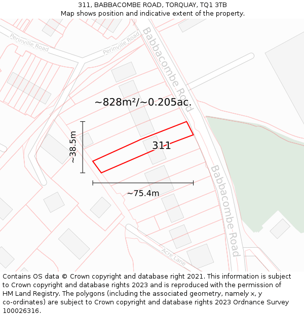 311, BABBACOMBE ROAD, TORQUAY, TQ1 3TB: Plot and title map