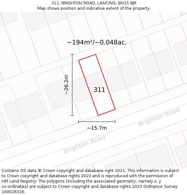 311, BRIGHTON ROAD, LANCING, BN15 8JR: Plot and title map