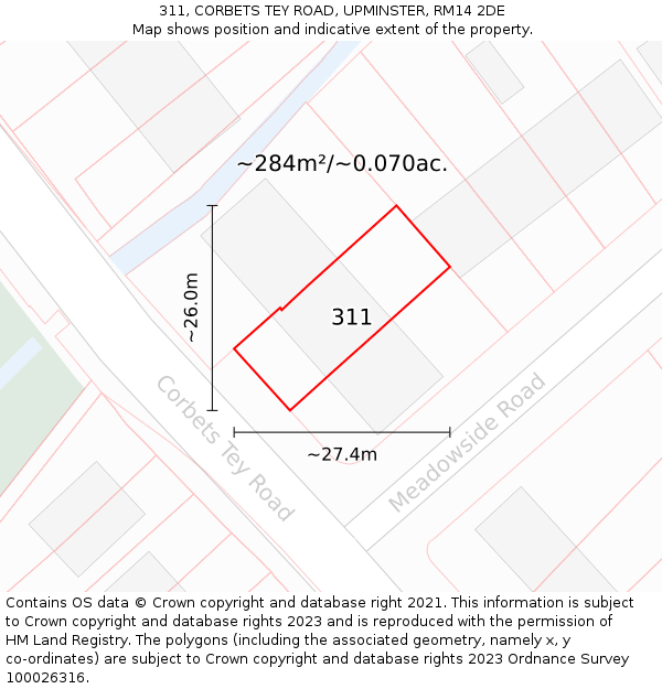 311, CORBETS TEY ROAD, UPMINSTER, RM14 2DE: Plot and title map