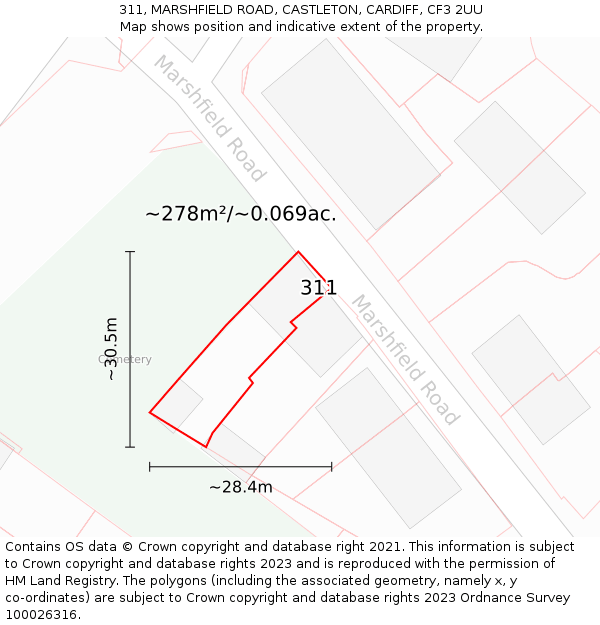 311, MARSHFIELD ROAD, CASTLETON, CARDIFF, CF3 2UU: Plot and title map