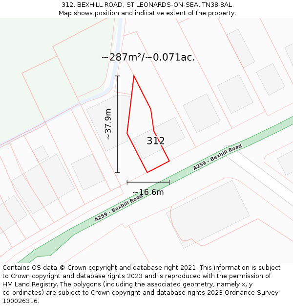312, BEXHILL ROAD, ST LEONARDS-ON-SEA, TN38 8AL: Plot and title map