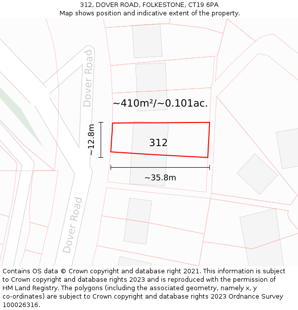312, DOVER ROAD, FOLKESTONE, CT19 6PA: Plot and title map