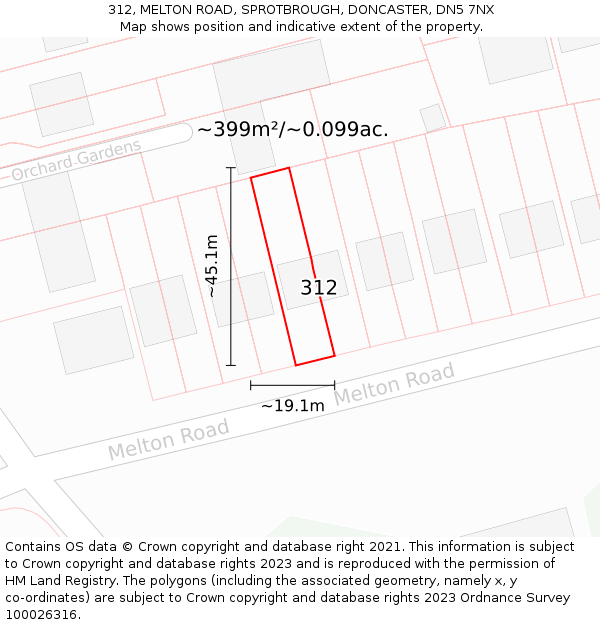 312, MELTON ROAD, SPROTBROUGH, DONCASTER, DN5 7NX: Plot and title map