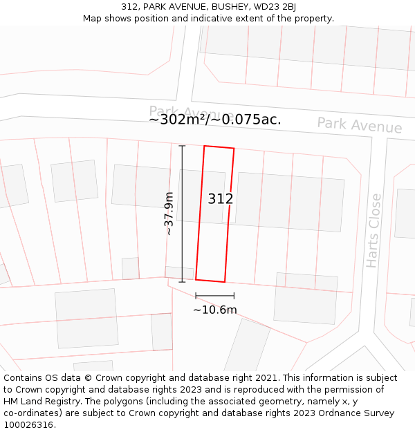 312, PARK AVENUE, BUSHEY, WD23 2BJ: Plot and title map