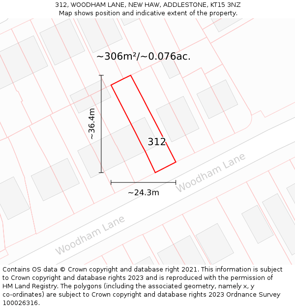 312, WOODHAM LANE, NEW HAW, ADDLESTONE, KT15 3NZ: Plot and title map