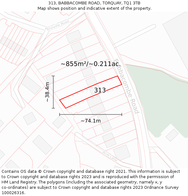 313, BABBACOMBE ROAD, TORQUAY, TQ1 3TB: Plot and title map