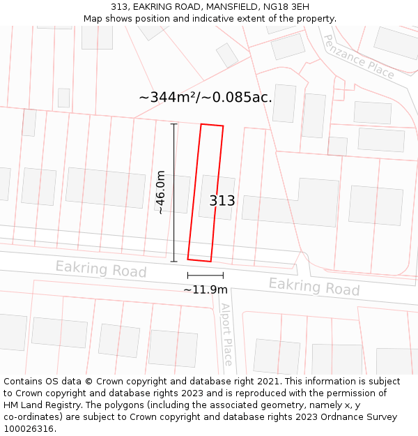 313, EAKRING ROAD, MANSFIELD, NG18 3EH: Plot and title map
