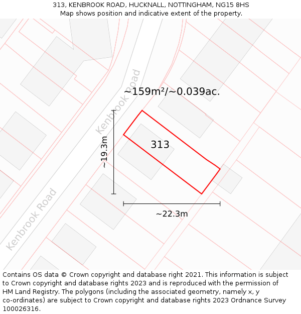313, KENBROOK ROAD, HUCKNALL, NOTTINGHAM, NG15 8HS: Plot and title map