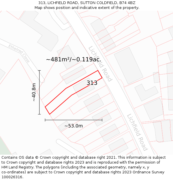 313, LICHFIELD ROAD, SUTTON COLDFIELD, B74 4BZ: Plot and title map
