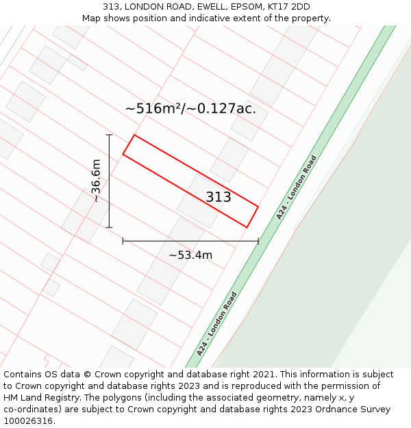 313, LONDON ROAD, EWELL, EPSOM, KT17 2DD: Plot and title map