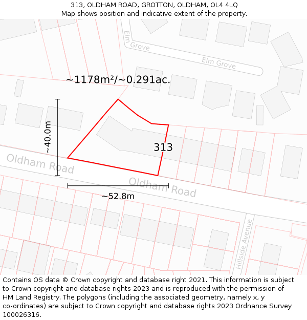 313, OLDHAM ROAD, GROTTON, OLDHAM, OL4 4LQ: Plot and title map