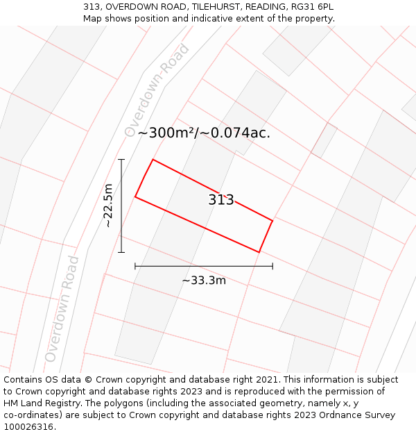 313, OVERDOWN ROAD, TILEHURST, READING, RG31 6PL: Plot and title map