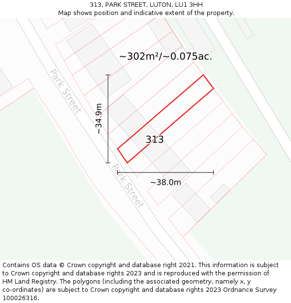 313, PARK STREET, LUTON, LU1 3HH: Plot and title map