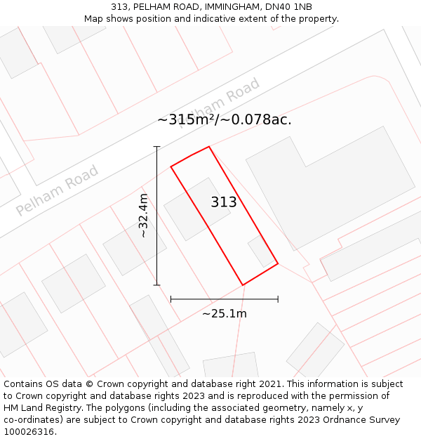 313, PELHAM ROAD, IMMINGHAM, DN40 1NB: Plot and title map