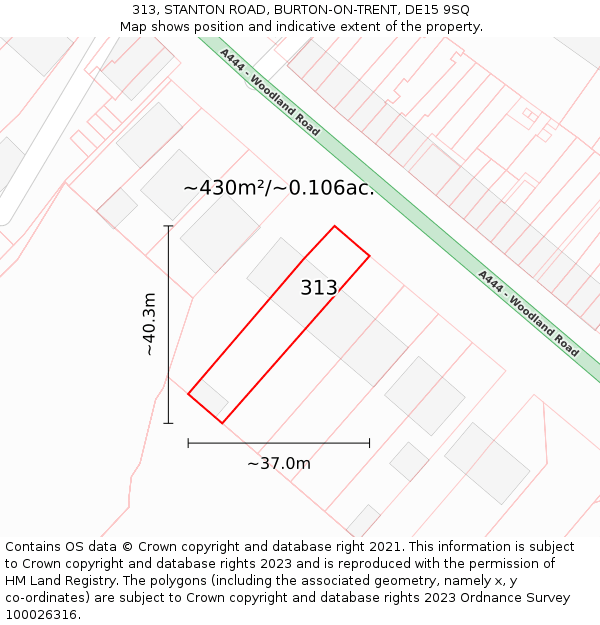 313, STANTON ROAD, BURTON-ON-TRENT, DE15 9SQ: Plot and title map