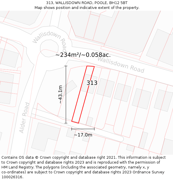 313, WALLISDOWN ROAD, POOLE, BH12 5BT: Plot and title map