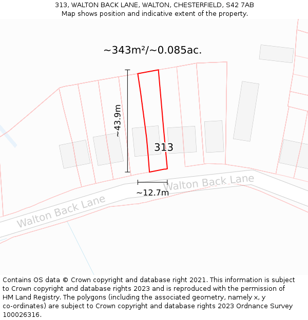 313, WALTON BACK LANE, WALTON, CHESTERFIELD, S42 7AB: Plot and title map