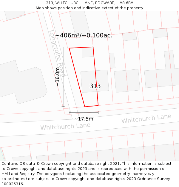 313, WHITCHURCH LANE, EDGWARE, HA8 6RA: Plot and title map