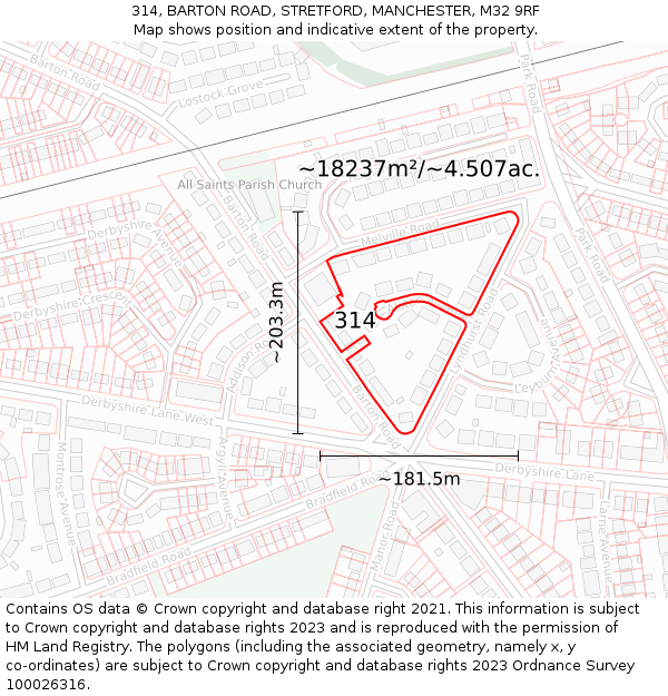 314, BARTON ROAD, STRETFORD, MANCHESTER, M32 9RF: Plot and title map