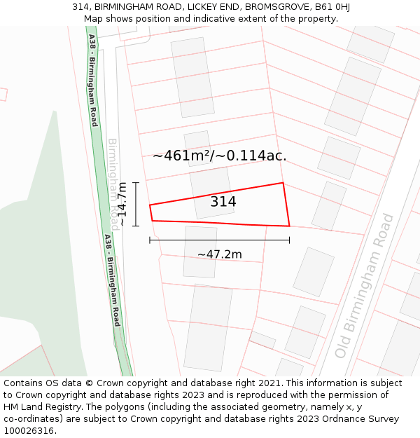 314, BIRMINGHAM ROAD, LICKEY END, BROMSGROVE, B61 0HJ: Plot and title map