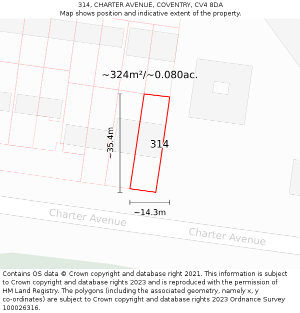314, CHARTER AVENUE, COVENTRY, CV4 8DA: Plot and title map