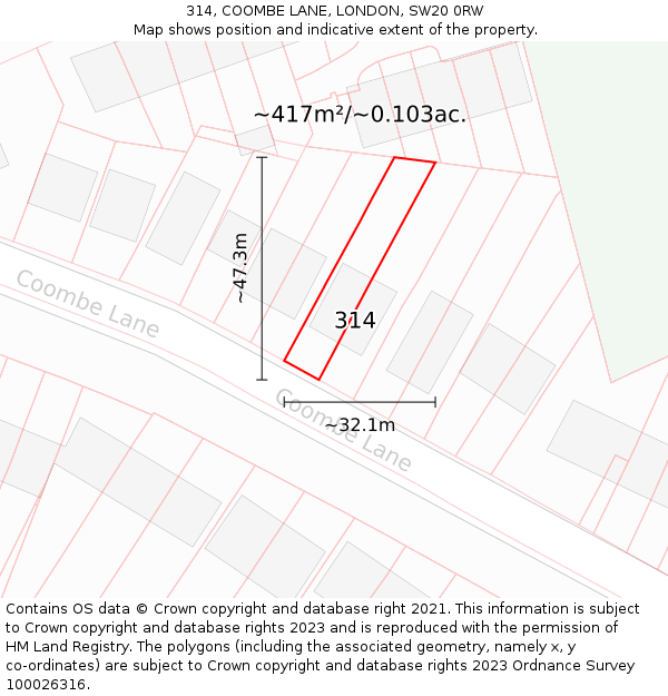 314, COOMBE LANE, LONDON, SW20 0RW: Plot and title map