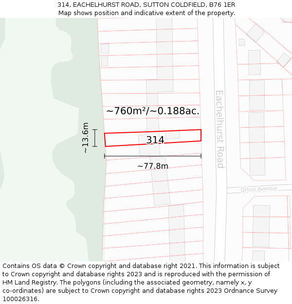 314, EACHELHURST ROAD, SUTTON COLDFIELD, B76 1ER: Plot and title map