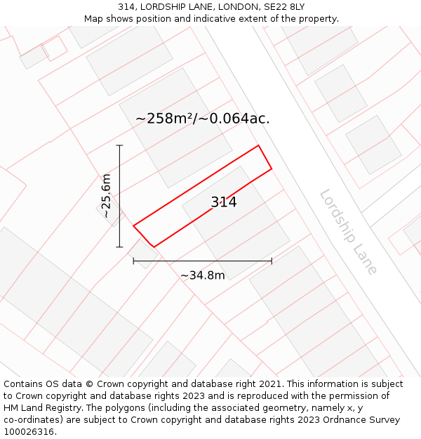 314, LORDSHIP LANE, LONDON, SE22 8LY: Plot and title map