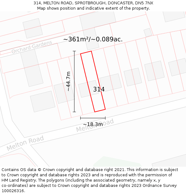 314, MELTON ROAD, SPROTBROUGH, DONCASTER, DN5 7NX: Plot and title map
