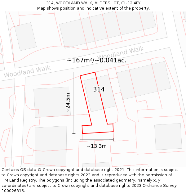 314, WOODLAND WALK, ALDERSHOT, GU12 4FY: Plot and title map