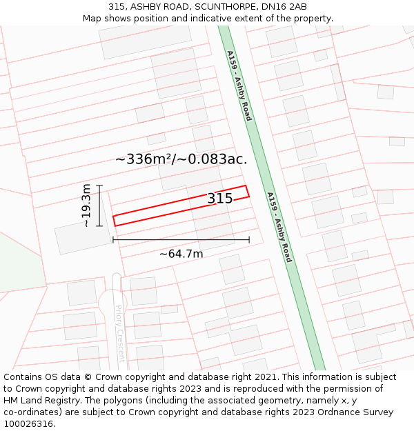 315, ASHBY ROAD, SCUNTHORPE, DN16 2AB: Plot and title map