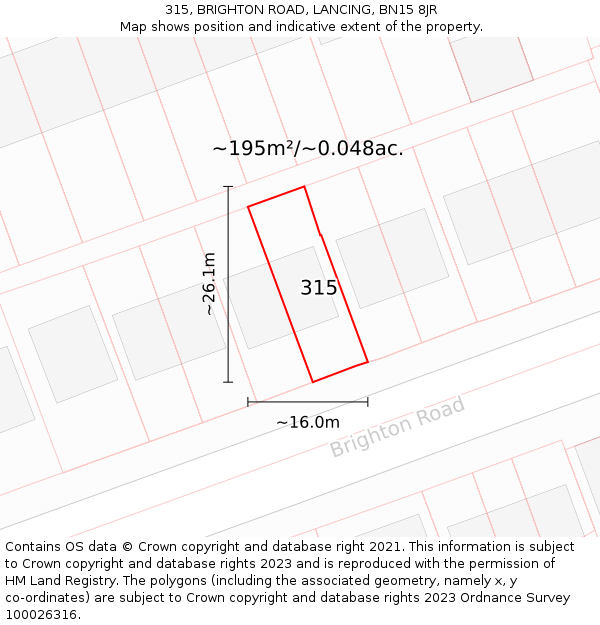 315, BRIGHTON ROAD, LANCING, BN15 8JR: Plot and title map